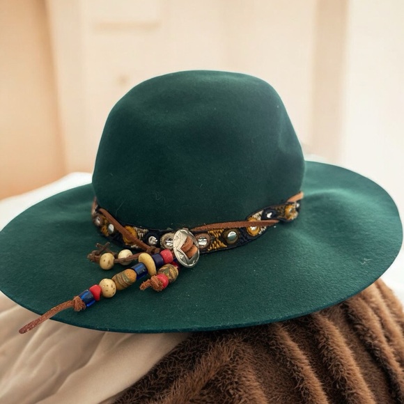 Vintage Accessories - Vintage Wool Green Wide-Brim Hat with Beaded Band